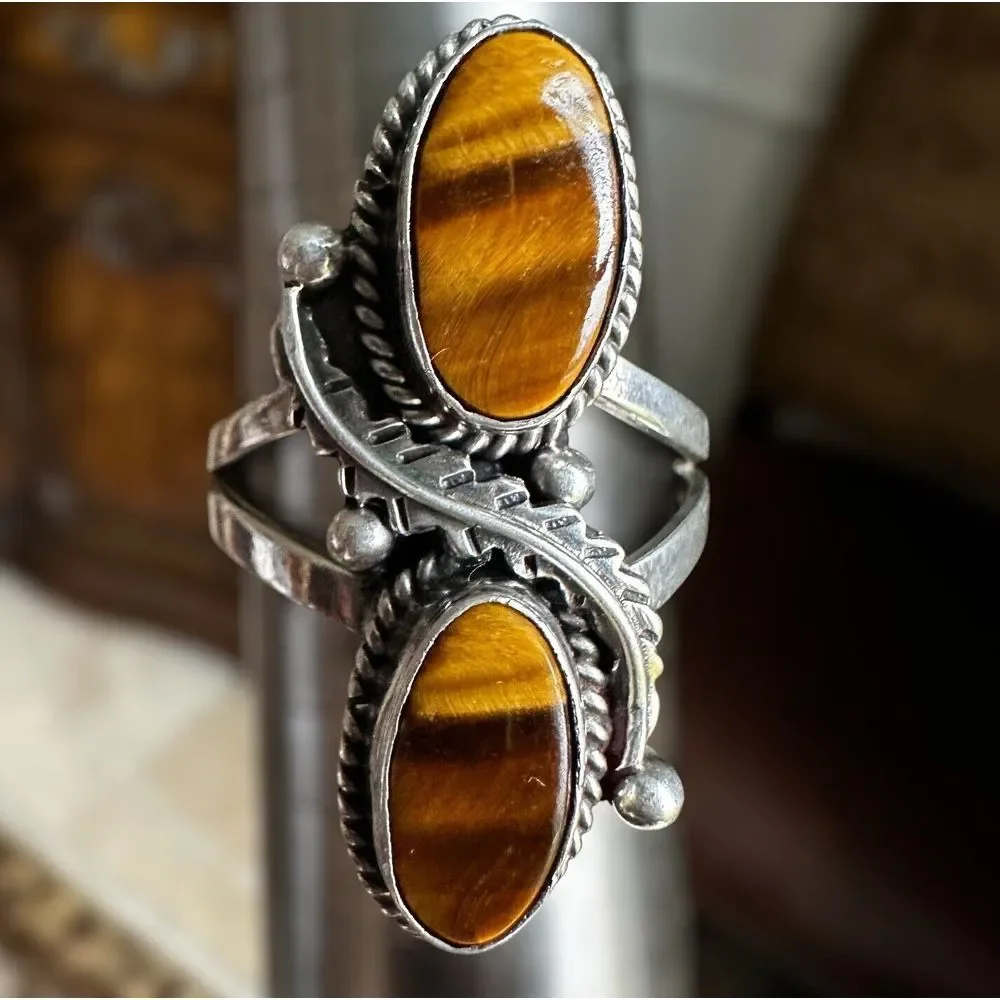 VTG Plata Statement Ring Tigers Eye Quartz Size‎ 7 Braided 925 Sterling 5.3g